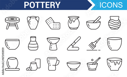 Icon Set Representing Pottery Making, Craft Tools, and Ceramic Objects