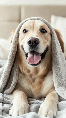 A cheerful golden retriever snuggles under a soft blanket, radiating joy and comfort in its cozy home environment