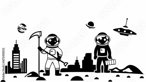 Two astronauts on a monochrome lunar landscape with planet, city silhouette and flying saucers in the sky | editable eps vectors