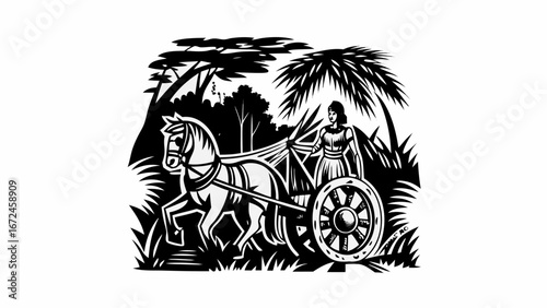  of a woman driving a horse drawn chariot through a forest with palm trees and other trees | editable eps vectors silhouette