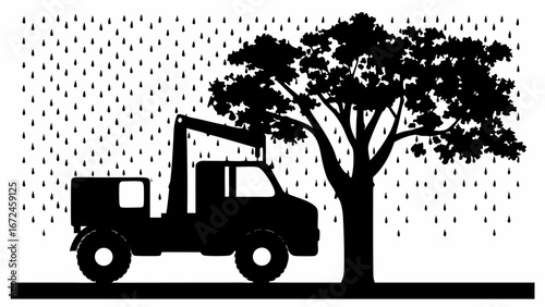 Silhouette of a tow truck parked near a tree in the rain with a white background on a rainy day scene | editable eps vectors
