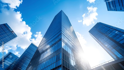 Tall glass skyscrapers stretching upwards into a bright blue sky with puffy clouds