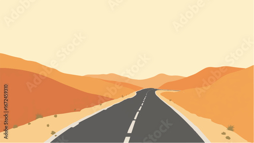 Road Through a Serene Desert Landscape. Minimalist Desert and Road Landscape Illustration