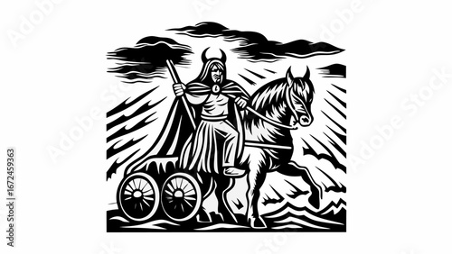 Illustration of a horned figure riding a horse drawn chariot in a black and white landscape design | editable eps vectors silhouette