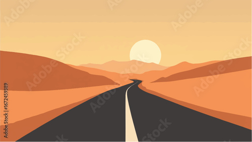 Road and Desert Landscape at Sunset. Serene Desert Illustration Featuring Sunset and Winding Road.