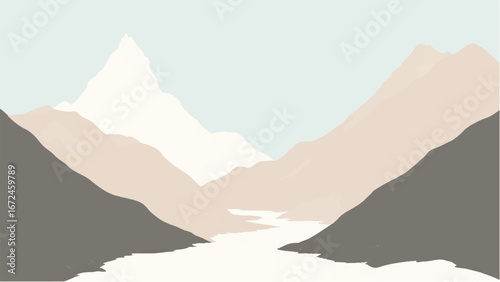 Minimalist Abstract Mountain Landscape and Snowy Peak. Illustration of a Mountain Landscape.