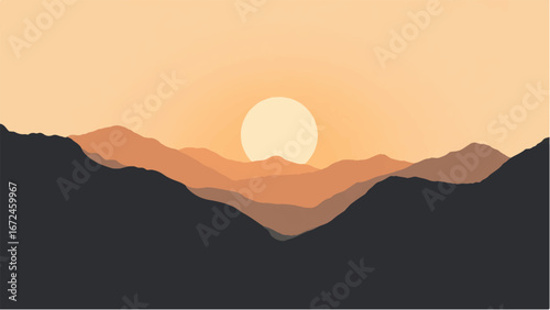 Sunset Over Layers of Rolling Hills and Mountains Landscape. Illustration of a Mountain Landscape at Sunset.