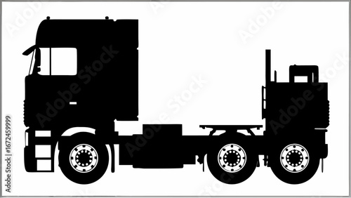 Silhouette illustration of a semi truck with visible wheels and cab on a white background showing vehicle design | editable eps vectors
