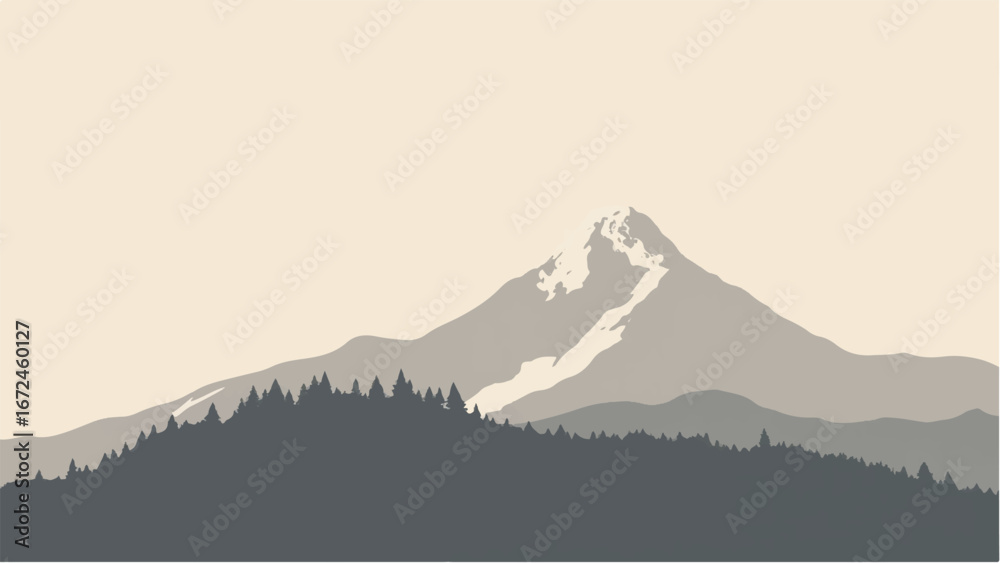 Naklejka premium Minimalist Abstract Mountain Landscape and Snowy Peak. Illustration of a Mountain Landscape.