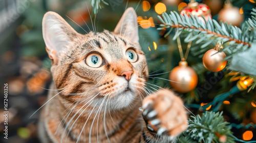 Tabby cat reaching for golden ornaments on a decorated Christmas tree with festive lights