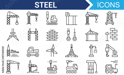 Steel Industry and Machinery Icons for Engineering and Construction Projects
