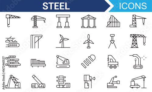 Set of Industrial Cranes, Factories, and Steel Bars in Line Art Style