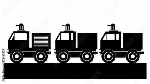 Three black military trucks with turrets in silhouette on a black ground against a white background | editable eps vectors