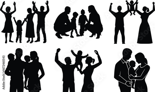 Vector art of set of family silhouettes depicting various moments of togetherness and celebration