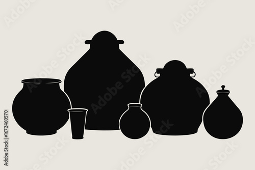 Village Pot Silhouette Bundle | 5 Black Designs of Water Jars & Cooking Vessels