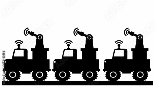 Three automated vehicles with robotic arms and antenna in black silhouette on a white background | editable eps vectors