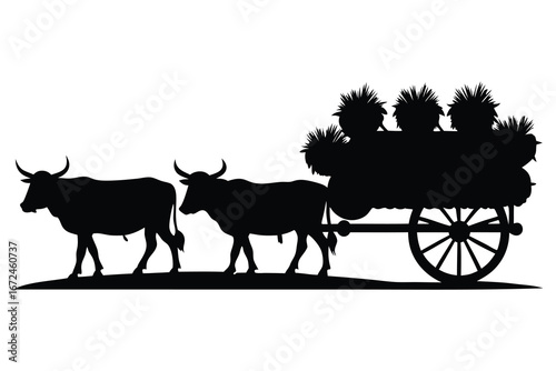 Bullock Cart Silhouette Bundle | 4 Traditional Designs with Detailed Wheels, Hay Loads & Cow Poses