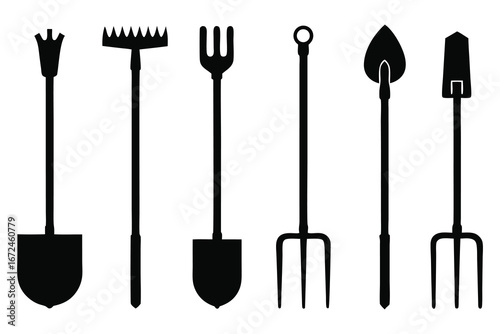 Farming Tools Silhouette Set 6 Old-Style Sickles, Rakes, Shovels & Plows on White Background.