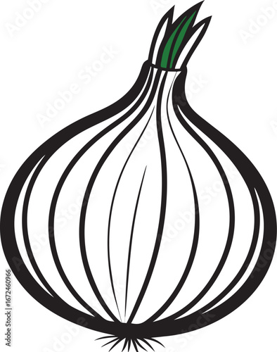 Outline Illustration of a White Onion with Green Sprouts