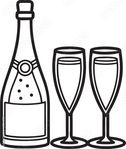 Outline of champagne bottle and two flutes wine alcohol