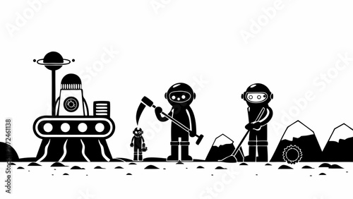 Illustration of astronauts working on a planet with rover and mountains in black and white style design | editable eps vectors silhouette
