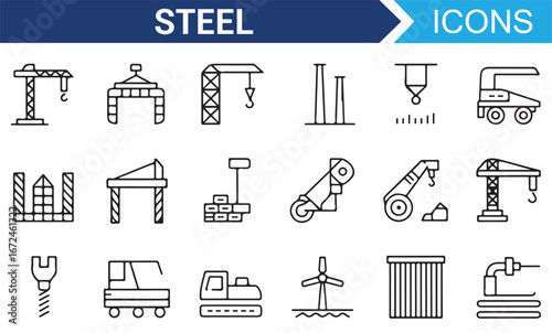 Steel Industry and Construction Equipment Icons Set for Engineering Projects