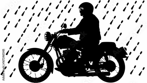 Silhouette of a motorcyclist with helmet riding a motorcycle in the rain on a white background image | editable eps vectors