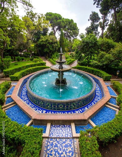 Lush park fountain