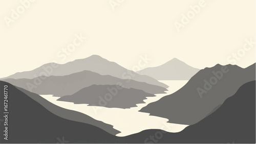 Minimalist Abstract Mountain Landscape and Snowy Peak. Illustration of a Mountain Landscape.