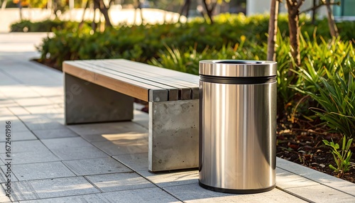 Outdoor park scene featuring a bench, trashcan, paving, and lush green foliage