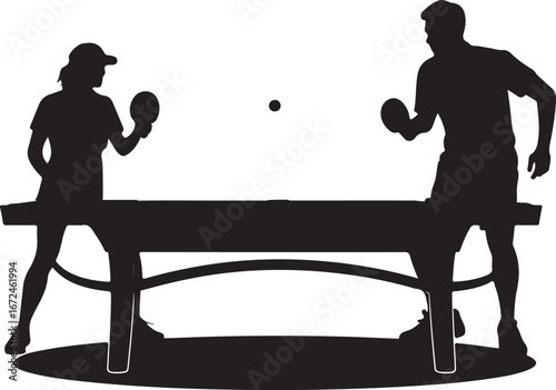 Black silhouette of a man and woman playing table tennis with a ball in the air ping pong sport