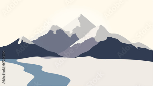 Minimalist Abstract Mountain Landscape and Snowy Peak. Illustration of a Mountain Landscape.