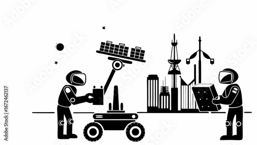 Astronauts building a city on a planet with rover and solar panels in black and white silhouette style | editable eps vectors