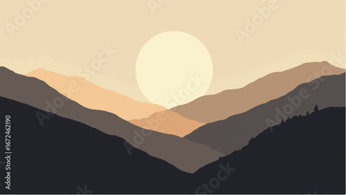 Sunset Over Layers of Rolling Hills and Mountains Landscape. Illustration of a Mountain Landscape at Sunset.