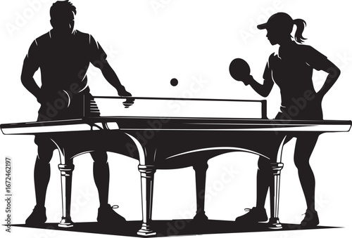 Male and female silhouettes playing table tennis with a ball in motion ping pong sport