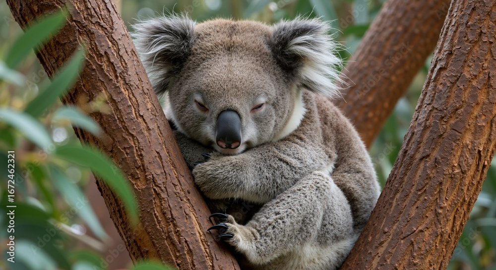Obraz premium Adorable koala sitting on eucalyptus tree branch. Australian native marsupial in natural habitat. Wildlife conservation and endangered animal protection concept for banner