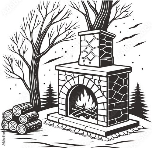 Winter scene with fireplace, trees, and woodpile illustration