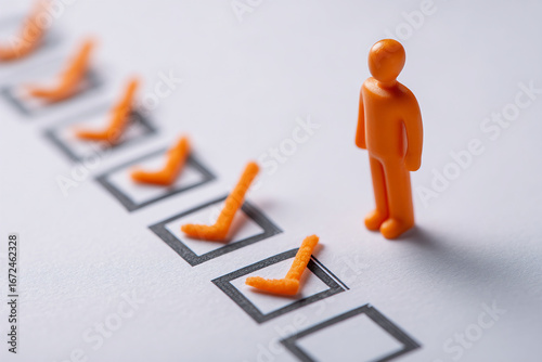 Person beside a vertical checklist with tick marks, task or applicant screening theme