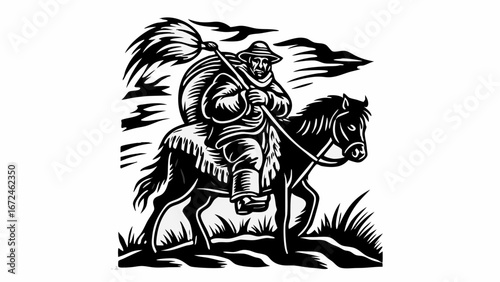 Wallpaper Mural Illustration of a man with a hat riding a horse with a bag and a stick in a monochrome style | editable eps vectors silhouette Torontodigital.ca