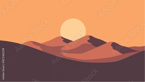Serene Desert Landscape with Sunsets and Rolling Sand Dunes. Illustration of a Desert Landscape. 