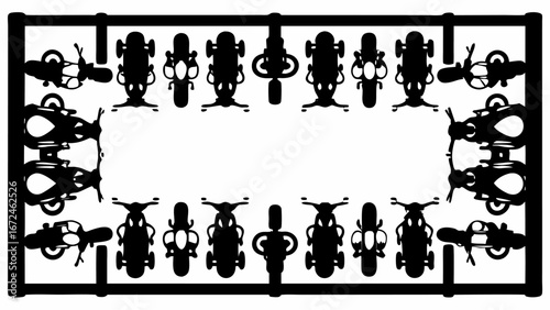 Aerial view of a parking lot filled with motorcycles neatly arranged in rows and columns in black and white | editable eps vectors silhouette