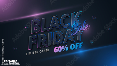 Black friday sale limited time up to 60% off bold glowing 3d editable text effect template. Customizable colours word graphic for creative ads, party flyers and internet deals. 