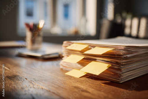 Close-up of organized bankruptcy files on polished desk, bankruptcy process shown through tidy paperwork, bankruptcy theme suited for legal service marketing visuals
