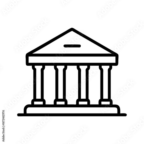 Bank building icon in line art style with pillars and roof  