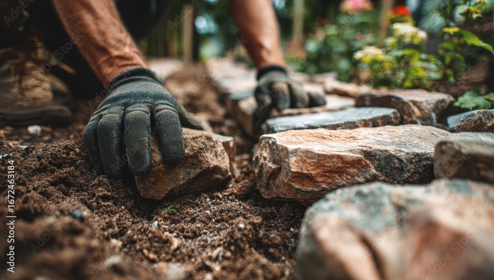 Fototapeta premium Vibrant photo of worker is laying flat stones on the garden path, wearing black gloves and boots. they carefully place each stone to create an elegant pathway in their backyard.
