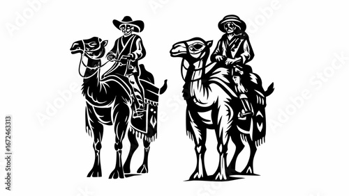 Two camels with riders wearing hats in black and white silhouette style illustration design element | editable eps vectors