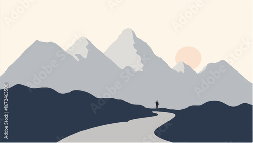 Minimalist Abstract Mountain Landscape and Snowy Peak. Illustration of a Mountain Landscape.