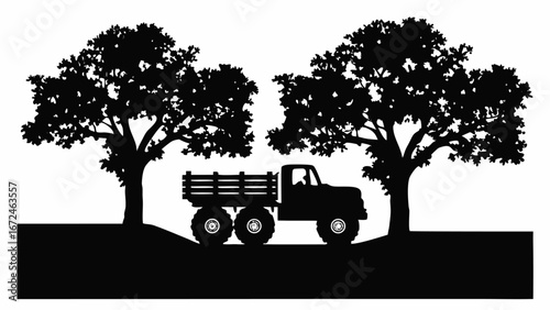 Silhouette of a vintage truck with large wheels parked between two leafy trees on a grassy hill area | editable eps vectors