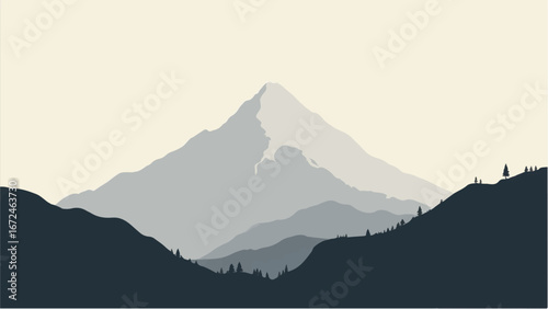 Minimalist Abstract Mountain Landscape and Snowy Peak. Illustration of a Mountain Landscape.