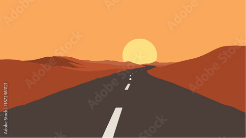 Road and Desert Landscape at Sunset. Serene Desert Illustration Featuring Sunset and Winding Road.